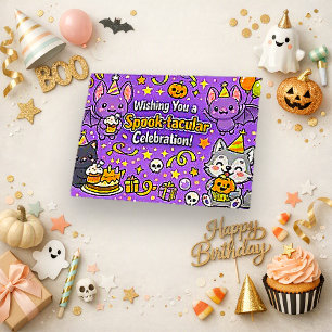Cartão De Agradecimento Fofa Halloween de Aniversário Roxo Kawaii