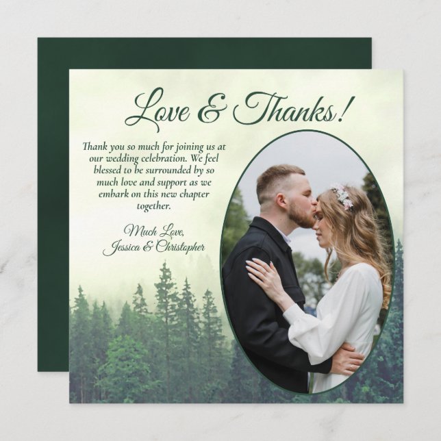 Cartão De Agradecimento Foggy Green Pine Trees Rustic Wedding Foto Oval (Frente/Verso)