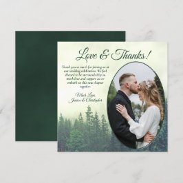 Cartão De Agradecimento Foggy Green Pine Trees Rustic Wedding Foto Oval