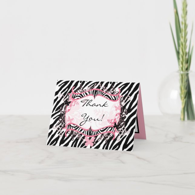 Cartão De Agradecimento Folded Thank you Card Girly Butterfly Zebra Print (Frente)