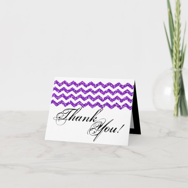 Cartão De Agradecimento Folded Thank You Card Purpl Glitter Chevron Stripe (Frente)