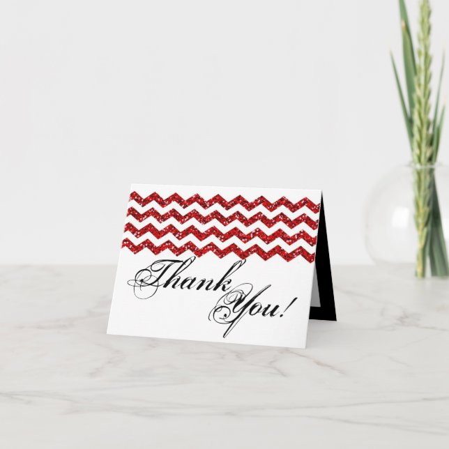 Cartão De Agradecimento Folded Thank You Card Red Glitter Chevron Stripe (Frente)