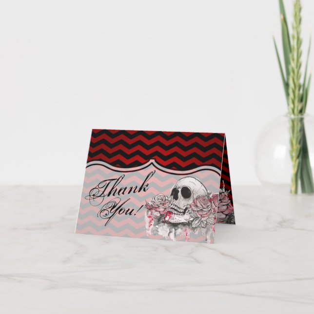Cartão De Agradecimento Folded Thank You Card skull Rose goth Chevron blac (Frente)