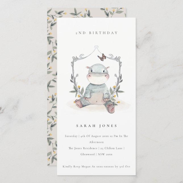 Cartão De Agradecimento Folhagem Bonita De Hippo, Qualquer Idade De Aniver (Frente/Verso)