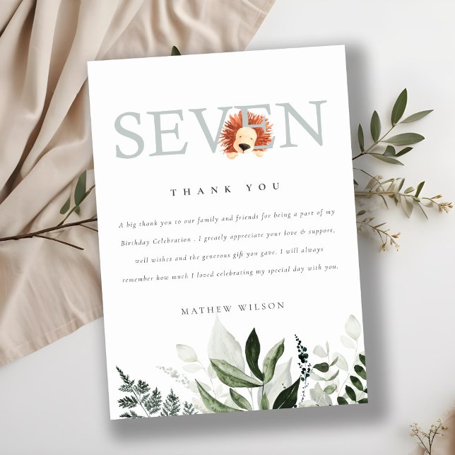 Cartão De Agradecimento Folhagem Cute Boho Lion 7 Sétimo Aniversário (Criador carregado)