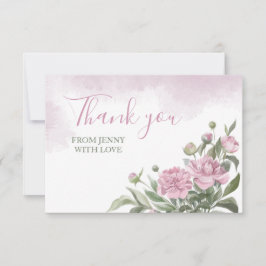 Cartão De Agradecimento Folhagem de Peônia Rosa em Aquarela