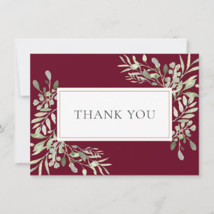 Cartão De Agradecimento Folhagem Verde Burgundy Dourado Elegante