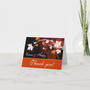 Cartão De Agradecimento Folhas de outono laranja vermelho branco casamento