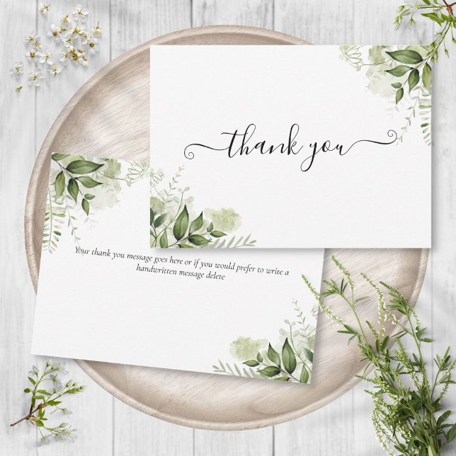 Cartão De Agradecimento Folhas de Verdura de Letra Elegante (Elegant Script Greenery Leaves Thank You Card)
