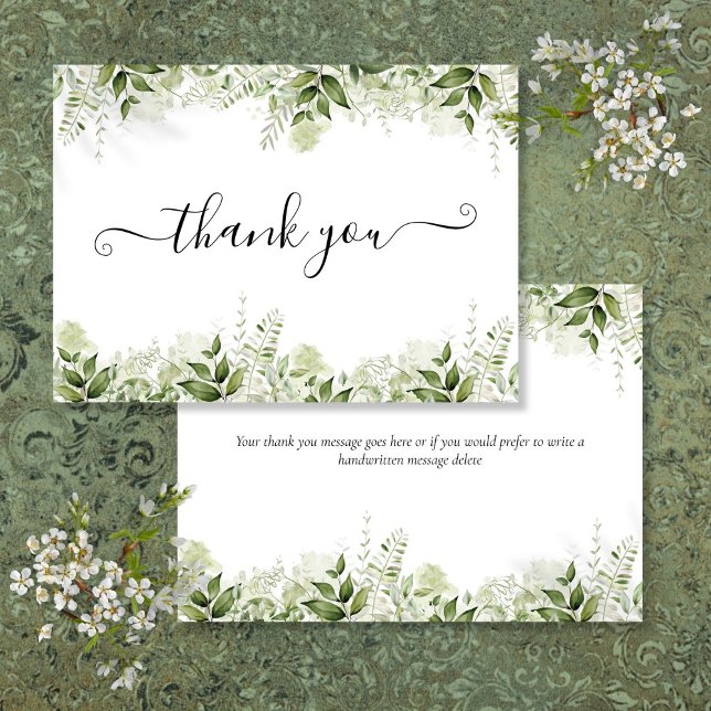 Cartão De Agradecimento Folhas de Verdura Escrita Elegante (Greenery Leaves Elegant Script Thank You Card)