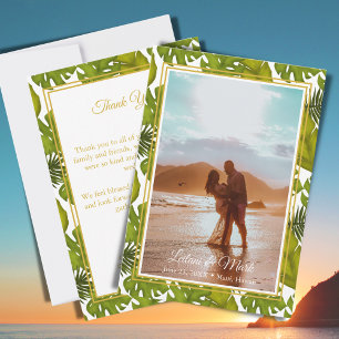 Cartão De Agradecimento Folhas Tropicais Foto de Casamento Destino Dourado