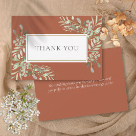 Cartão De Agradecimento Folhas Verdes de Terracota Elegantes Casamento