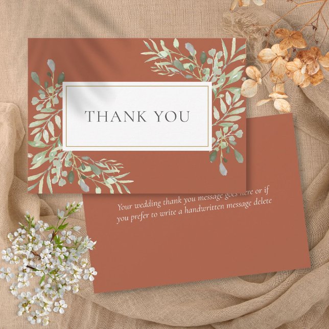 Cartão De Agradecimento Folhas Verdes de Terracota Elegantes Casamento (Elegant Terracotta Greenery Leaves Wedding Thank You Card)