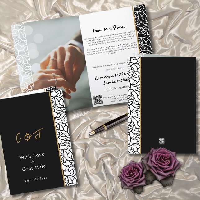 Cartão De Agradecimento Foliage Border Black White Wedding (Foliage Border Black White Wedding Folded Thank You Card)