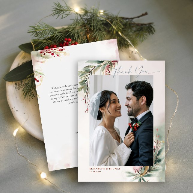 Cartão De Agradecimento Follhagem de Inverno Vermelho Natal Chic Foto Agra (winter christmas wedding bridal shower thank you card greenery botanical berries red green romantic)