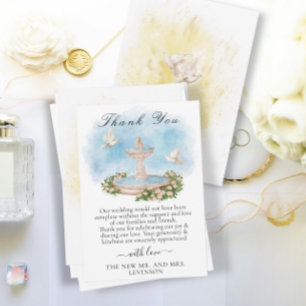 Cartão De Agradecimento Fonte elegante com flores e pombos