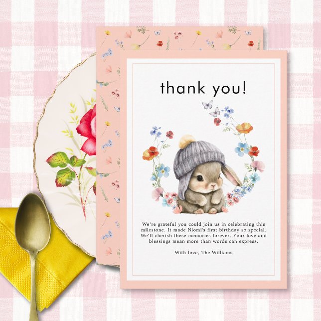 Cartão De Agradecimento Forest Animal Bunny Botanical 1st Birthday  (Forest Animal Bunny Botanical 1st Birthday Thank You Card 2)