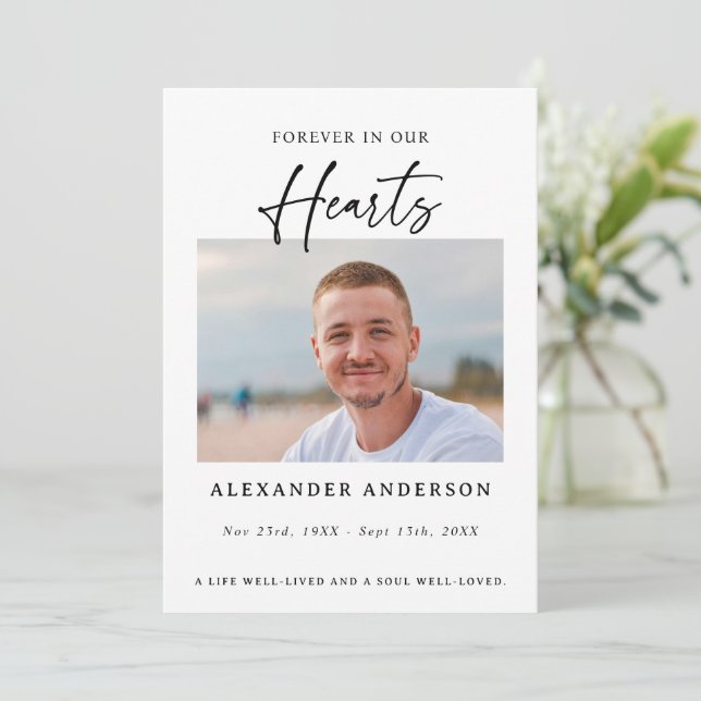Cartão De Agradecimento Forever in Our Hearts Black White Funeral (Em pé/Frente)