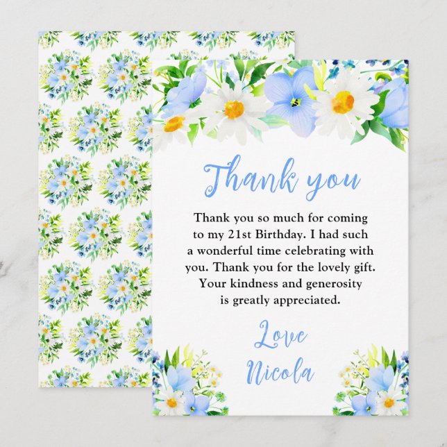Cartão De Agradecimento Forget-Me-Nots and Daisies Floral Birthday (Frente/Verso)