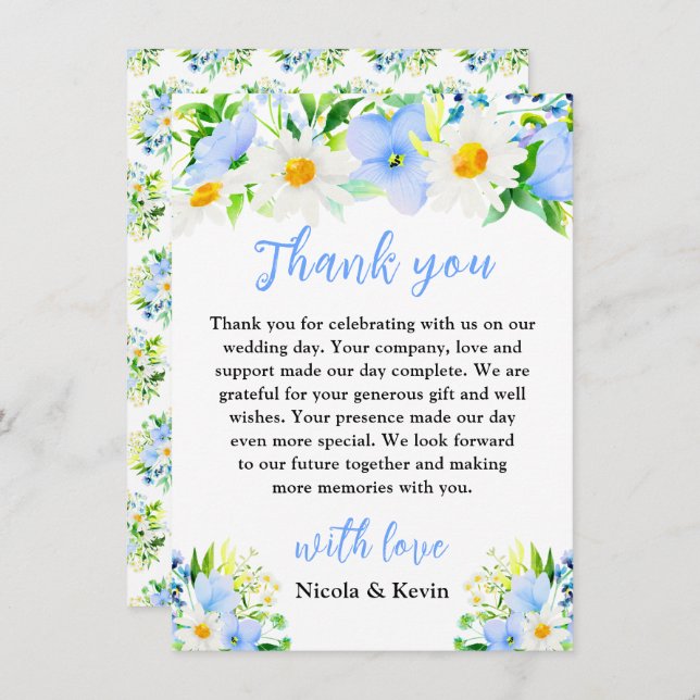 Cartão De Agradecimento Forget-Me-Nots and Daisies Floral Wedding (Frente/Verso)