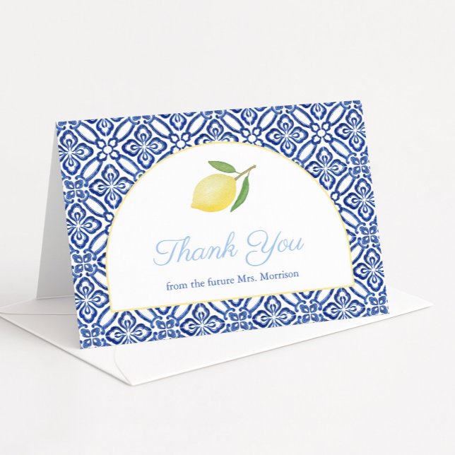 Cartão De Agradecimento Forma de Arco Elegante Chuveiro de Noiva de Limões (Lemons thank you card with blue tiles and modern arch detail)