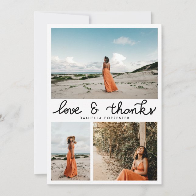 Cartão De Agradecimento Formando Amor E Obrigados Reproduzem Três Fotos (Frente)