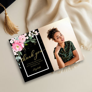 Cartão De Agradecimento Formando de Foto Floral Floral de Cor de Água Rosa
