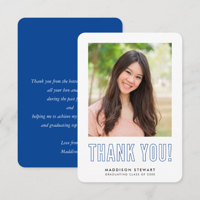 Cartão De Agradecimento formando fotográfico simples moderno OBRIGADO, azu (Frente/Verso)