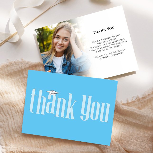 Cartão De Agradecimento Formando Obrigado Modern Photo Carolina Blue (Graduation photo Carolina blue and white modern typography style. )