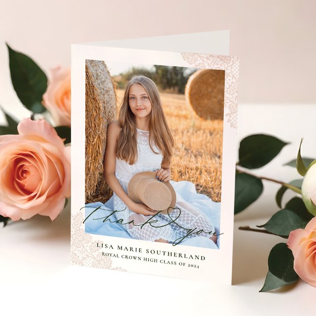 Cartão De Agradecimento Formatação de Fotos no Local do Boho Ocidental (Western Boho Country Lace Photo Graduation Thank You Card)