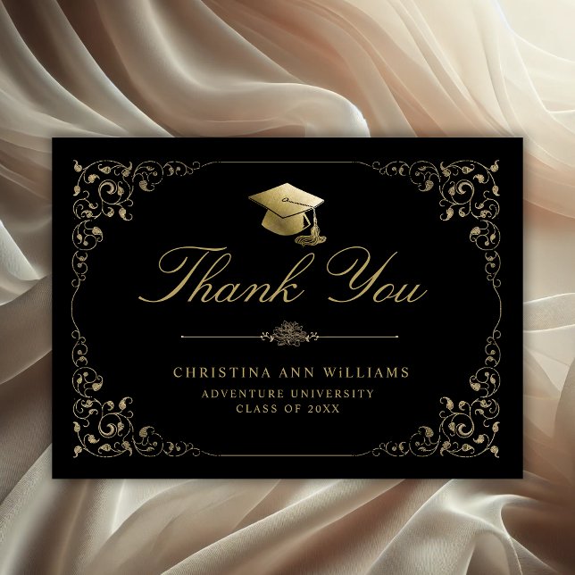 Cartão De Agradecimento Formatação Dourada elegante em Preto com Script Iv (Elegant Ivy Gold Leaf Graduation Thank You Card)