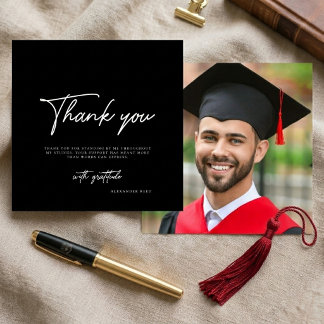 Cartão De Agradecimento Formatura Foto Preto Branco Moderno Script