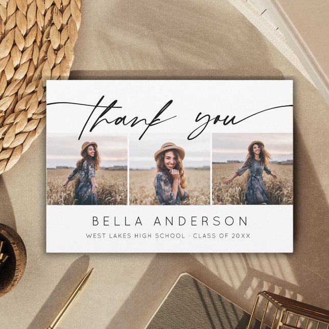 Cartão De Agradecimento Foto 3 de Graduação Moderna com Letra Manuscrita  (Criador carregado)