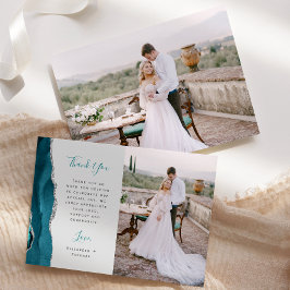 Cartão De Agradecimento Foto Ágata Azul Teal Prata Script Cinza Casamento