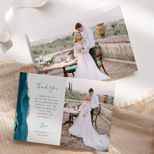 Cartão De Agradecimento Foto Ágata Azul Teal Prata Script Cinza Casamento