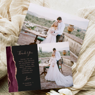 Cartão De Agradecimento Foto Ágata Borgonha Rosa Dourado Casamento Escuro