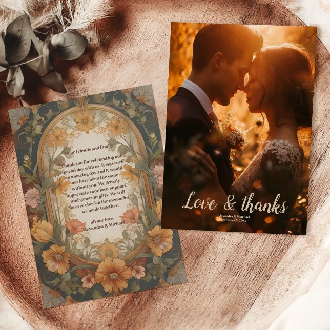 Cartão De Agradecimento Foto Antiquada Arte Floral Nouveau Casamento (Criador carregado)