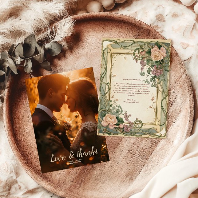 Cartão De Agradecimento Foto Arte Nouveau Casamento Botânico Elegante (Criador carregado)