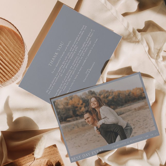 Cartão De Agradecimento Foto Azul Simples - Melhor Dia De Casamento (Criador carregado)