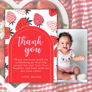 Cartão De Agradecimento Foto: Berry First Birthday Strawberry Red Arch