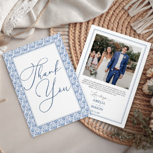 Cartão De Agradecimento Foto Casamento Floral Azul Toile Vitoriana Vintage