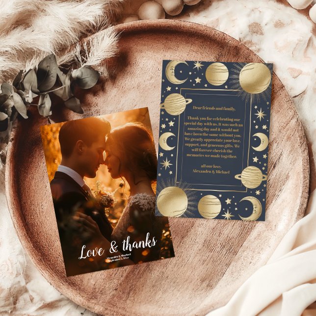 Cartão De Agradecimento Foto Celestial Marinho Dourado Crescent Moon Weddi (Criador carregado)