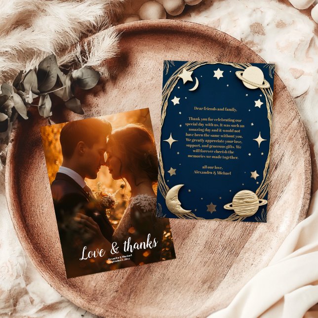 Cartão De Agradecimento Foto Celestial Marinho Dourado Crescent Moon Weddi (Criador carregado)