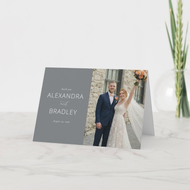 Cartão De Agradecimento Foto Cinza Alegre e Elegante (Frente)