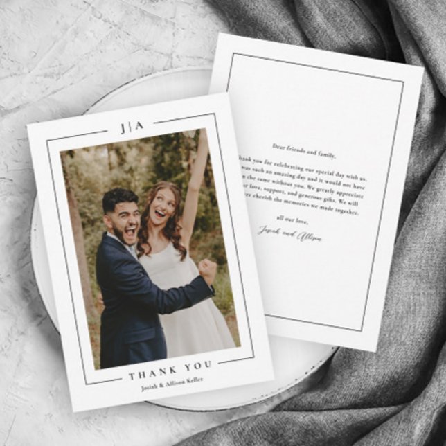 Cartão De Agradecimento Foto Clássica de Casamento Preto e Branco (Elegant black and white wedding photo thank you card with monogram and simple typography.)