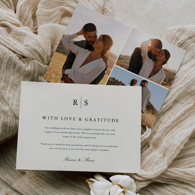 Cartão De Agradecimento Foto Clássica de Casamento Preto & Ecru Monograma (Criador carregado)
