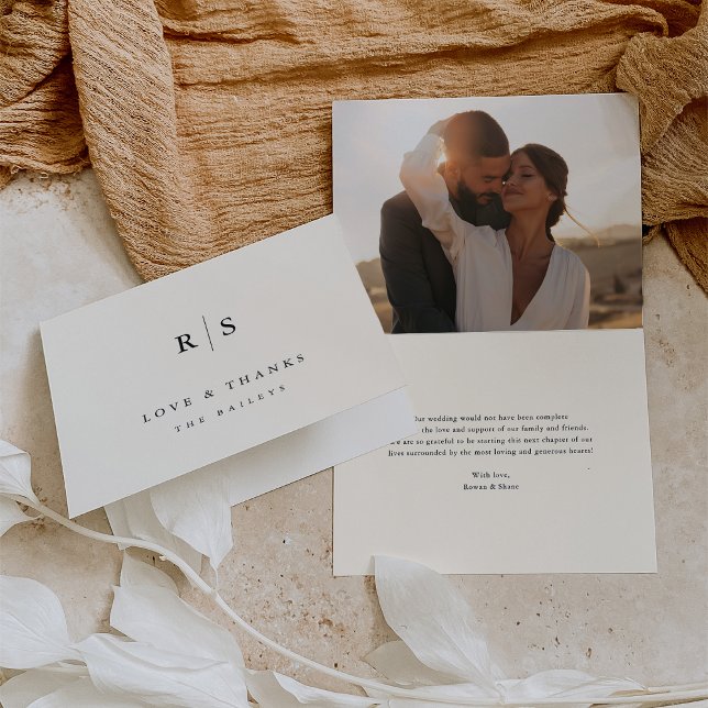 Cartão De Agradecimento Foto Clássica de Casamento Preto & Ecru Monograma (Criador carregado)