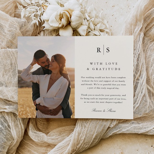 Cartão De Agradecimento Foto Clássica de Casamento Preto & Ecru Monograma (Criador carregado)