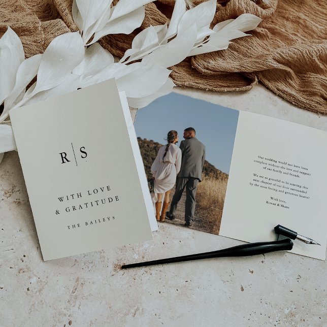Cartão De Agradecimento Foto Clássica de Casamento Preto & Ecru Monograma (Criador carregado)