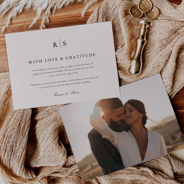 Cartão De Agradecimento Foto Clássica de Casamento Preto & Ecru Monograma (Criador carregado)